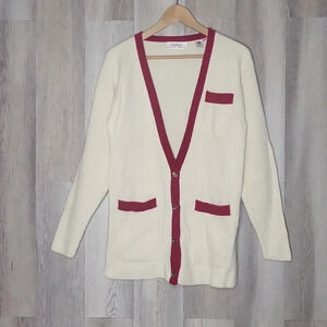 Linda‎ Allard For Ellen Tracy Vintage Womens Small Ivory Red Wool Long Cardigan